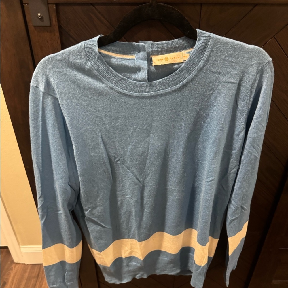 Tory Burch Light Blue and White Striped Hem Sweater